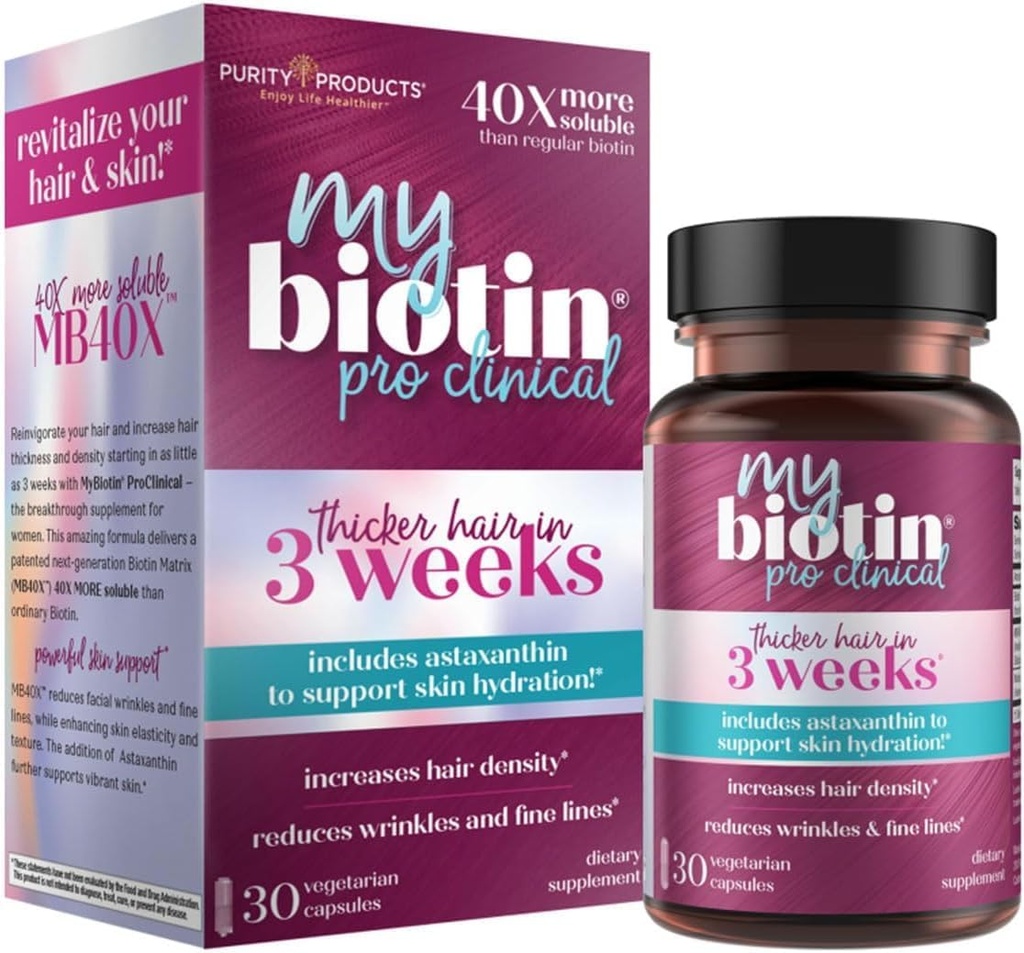純度プロダクトMyBiotinのProClinical - 3週及び戦いのしわから始めるより厚い毛-MB40X特許を取られたBiotinのマトリックスw/Astaxanthin - 40XのよりSoluble対の普通Biotin 30のベジーキャップ