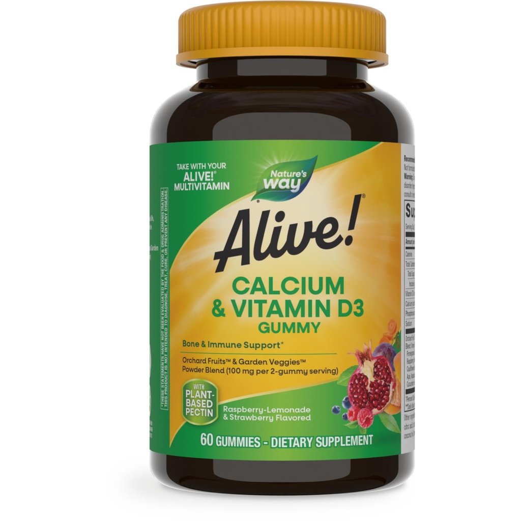 ネイチャーズ・ウェイ・アライブ! ビタミンD3、毎日の補足が付いているChewableカルシウム ガミーは健康な骨および歯および筋肉機能*、いちごおよびラズベリーLemonadeの味付けされた、60のガミーを支えます