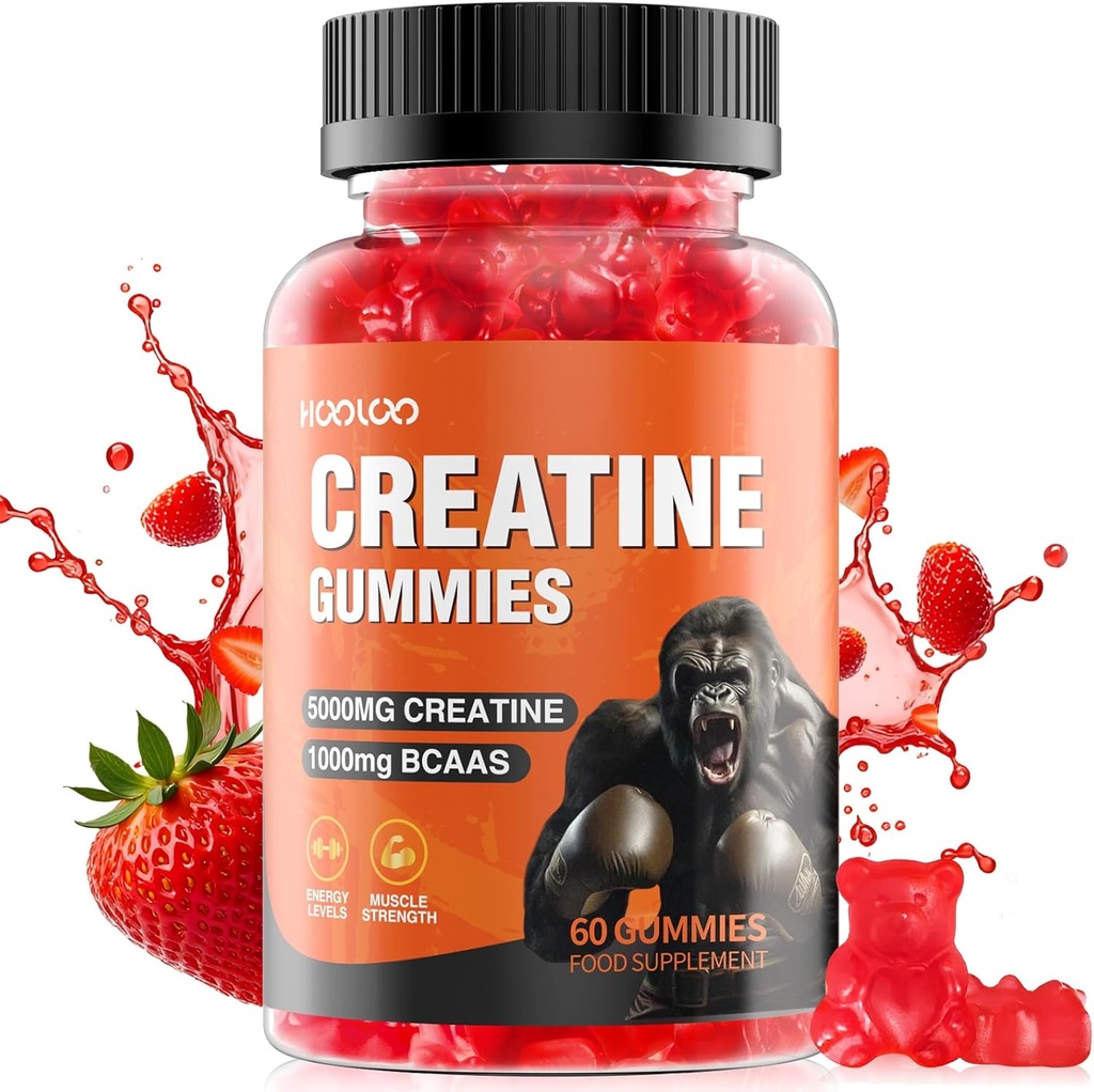 HOOLOOクレアチングミー5000mgクレアチンモノハイドレート、1000mg BCAAs perサービング - Chewableビーガン砂糖無料グミ、イチゴフレーバー(1ヶ月の供給)