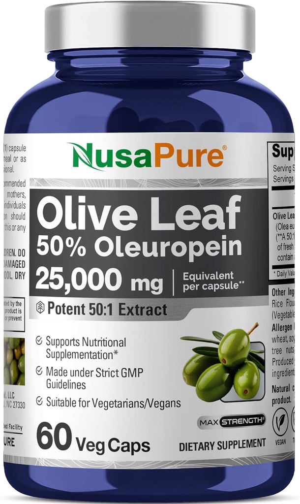 NusaPure Olive Leaf 50:1 Extract, 500 mg Equivalent to 25,000mg - 50% Oleuropein Vegan/Vegetarian - Super Strength No Oil 60 Capsules