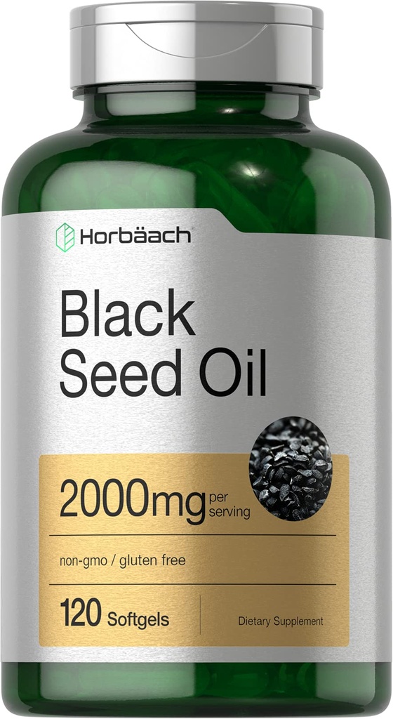 ホアバッハブラックシードオイル 冷間プレスソフトゲルカプセル | 2000mg | 120カウント | オメガ6と9のサプリメント | ニゲラサティバ | 非GMOとグルテンフリー