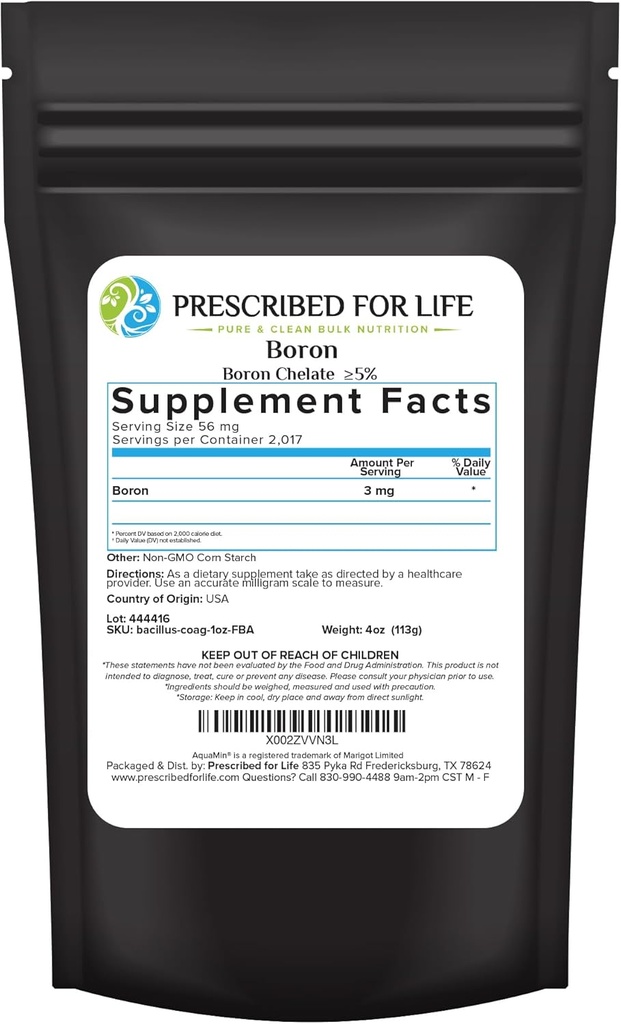 Prescribed for Life Boron Chelate 5% Powder, Natural Boron Supplement for Men and Women, Gluten Free, Vegan, Non GMO (113g)