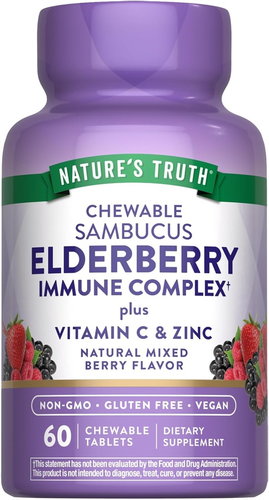 Nature's Truth Elderberry Immune Complex | 60 Chewable錠 | ビタミンC & 亜鉛配合 | ヴィーガン・ノンGMO・グルテンフリーサプリメント