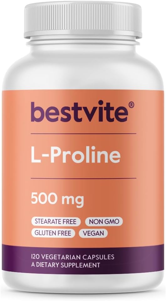 BESTVITE L-Proline 500mg (120 Vegetarian Capsules) - No Stearates - No Fillers - Vegan - Gluten Free - Non GMO
