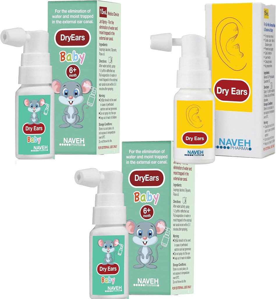 NAVEH PHARMA (2 ユニットのドライイヤー 赤ちゃん 0.5oz + 1 ユニットドライイヤー 1oz) - 調光器 耳ドロップスプレー - 耳の乾燥ドロップスイマーの大人と子供のための耳の乾燥ドロップ/耳の防水と防止、感染症