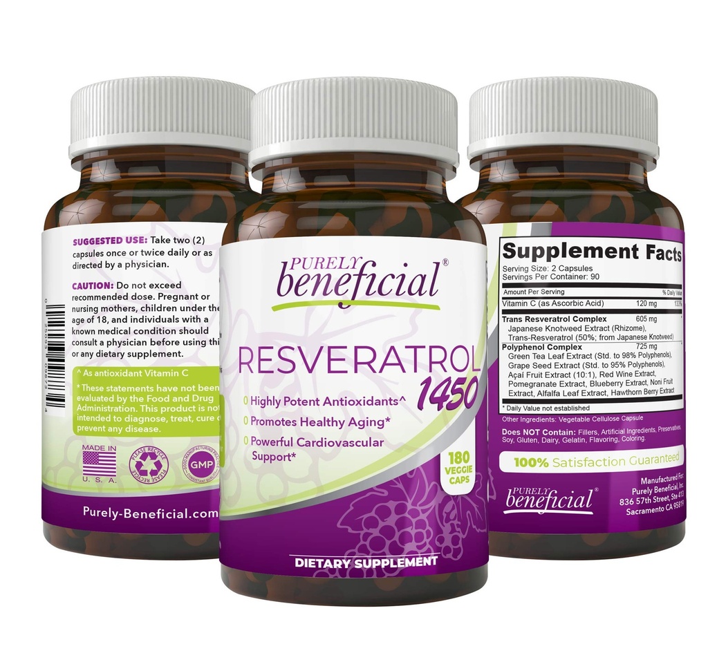 純粋に有利なRESVERATROL1450-90dayの供給、1450mg/サービングの有効な酸化防止剤及びトランスレスベラトロールは、反老化、心臓血管サポート、最高の利点を促進します(1bottle)