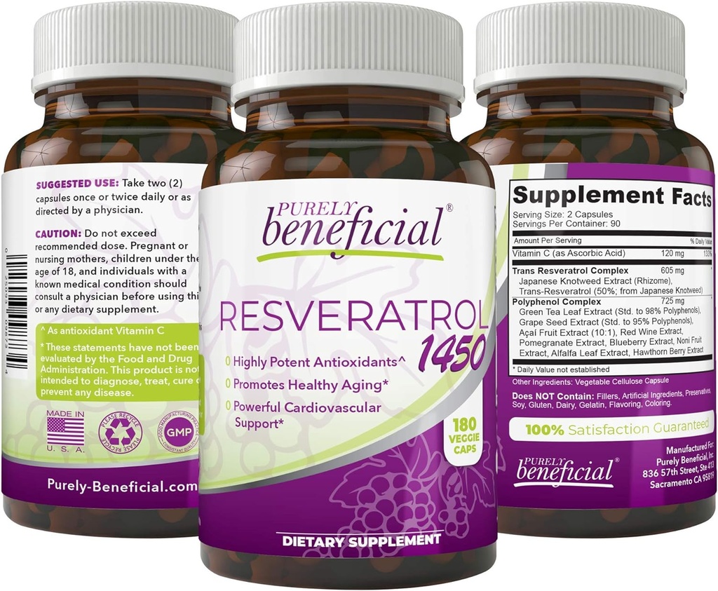 純粋に有利なRESVERATROL1450-90dayの供給、1450mg/サービングの有効な酸化防止剤及びトランスレスベラトロールは、反老化、心臓血管サポート、最高の利点を促進します(1bottle)