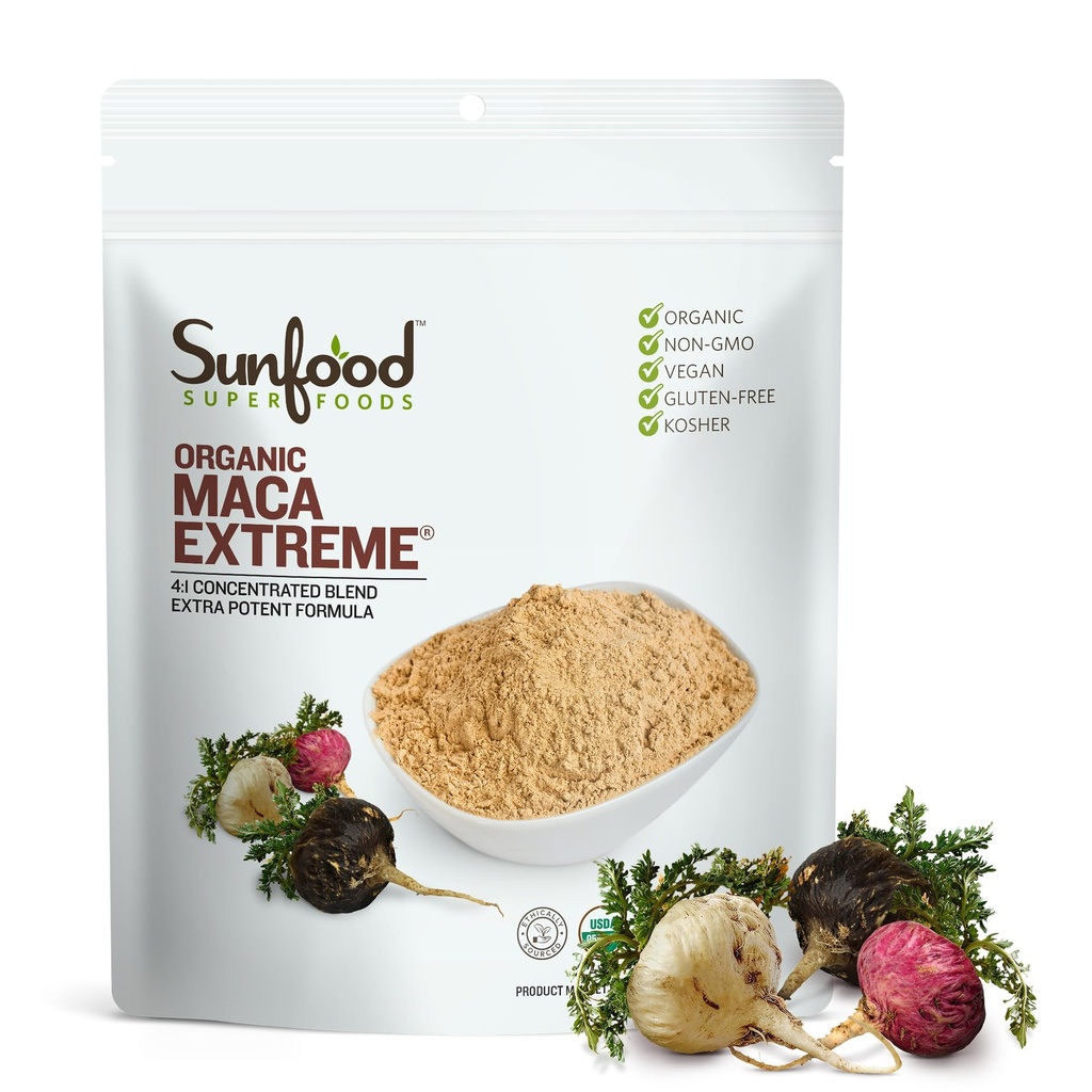 Sunfoodオーガニックマカエクストリーム - マカルートパウダー、マカパウダーオーガニック、マカサプリメント男性&女性用適応剤、ペルー、生、ビーガン、プレミアムマカパウダー - 8オズバッグ