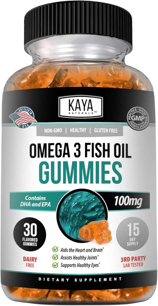 Kaya Naturals Omega 3フィッシュオイルグミー - EPAとDHA脂肪酸の魚油サプリメント - サポート脳、目、心の健康と免疫サポート - 非GMO - 30カウント