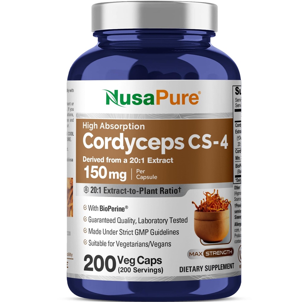 NusaPureコルディセプ20:1抽出物、3,000mg 200ベジーカプセル(Sinensis CS-4、非GMO、ビーガン)バイオペリンに等価150mg