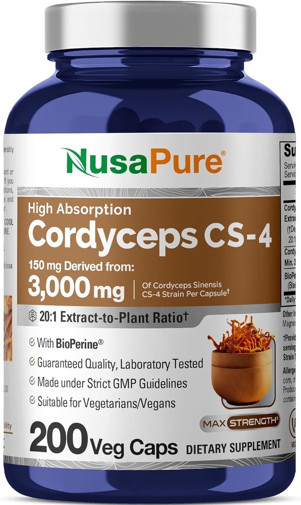 NusaPureコルディセプ20:1抽出物、3,000mg 200ベジーカプセル(Sinensis CS-4、非GMO、ビーガン)バイオペリンに等価150mg
