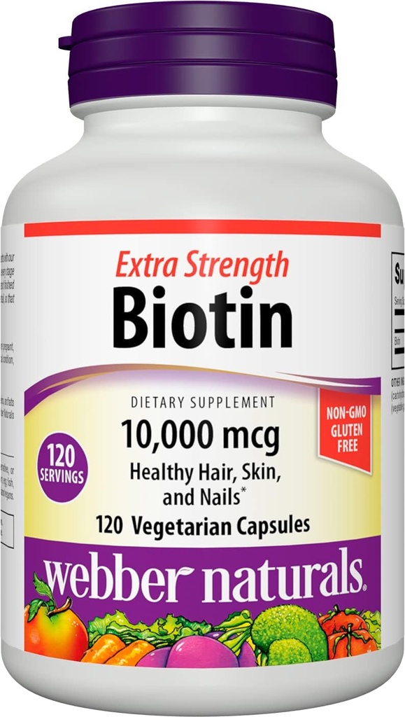 Webberナチュラルビオチン 10,000 mcg, 余分な強度, 120 カプセル, 健康な髪, 皮膚 & 爪, ビタミンサプリメント, ビーガン