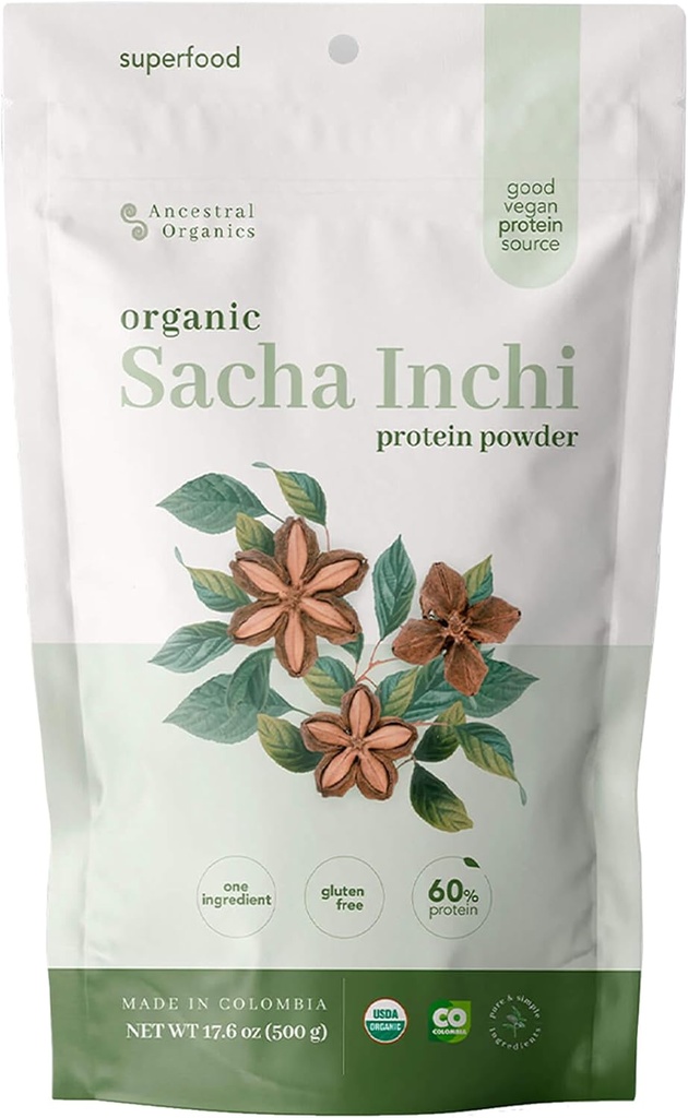 ANCESTRALオーガニックビーガンプロテインパウダー、Sacha Inchi認定オーガニックスーパーフード - 17g植物ベースのタンパク質 - Nutrientリッチ - グルテンフリー、酪農場無料、砂糖無料 - 1.1lb