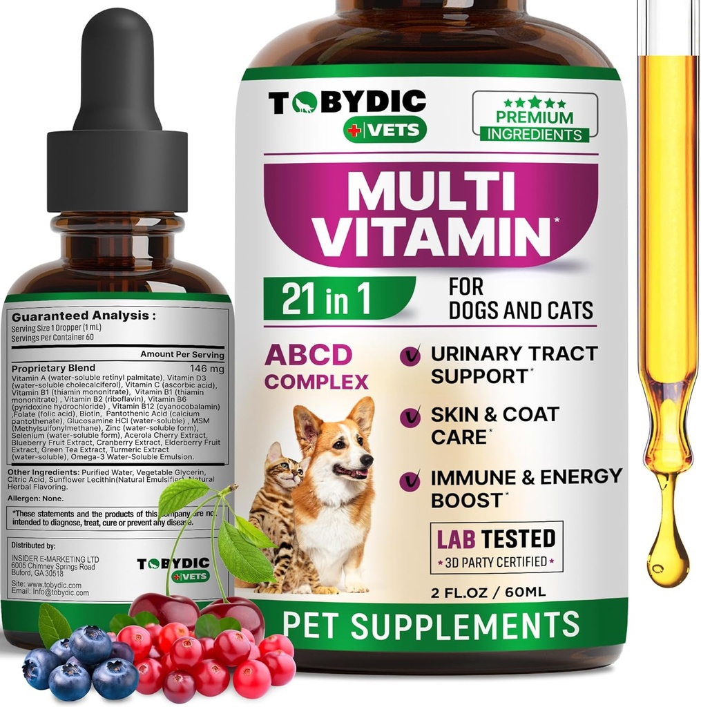 Cat & Dog Multivitamin 21 in 1 クランベリー&グルコサミン - UTI、尿路、膀胱、腎臓、皮膚コート、米国製関節処理のための自然医学&サポート