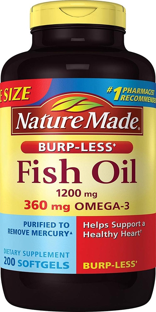 Burp-Less Fish Oil 1200 mg, 200 Softgels, Fish Oil Omega 3 Supplement For Heart Health
