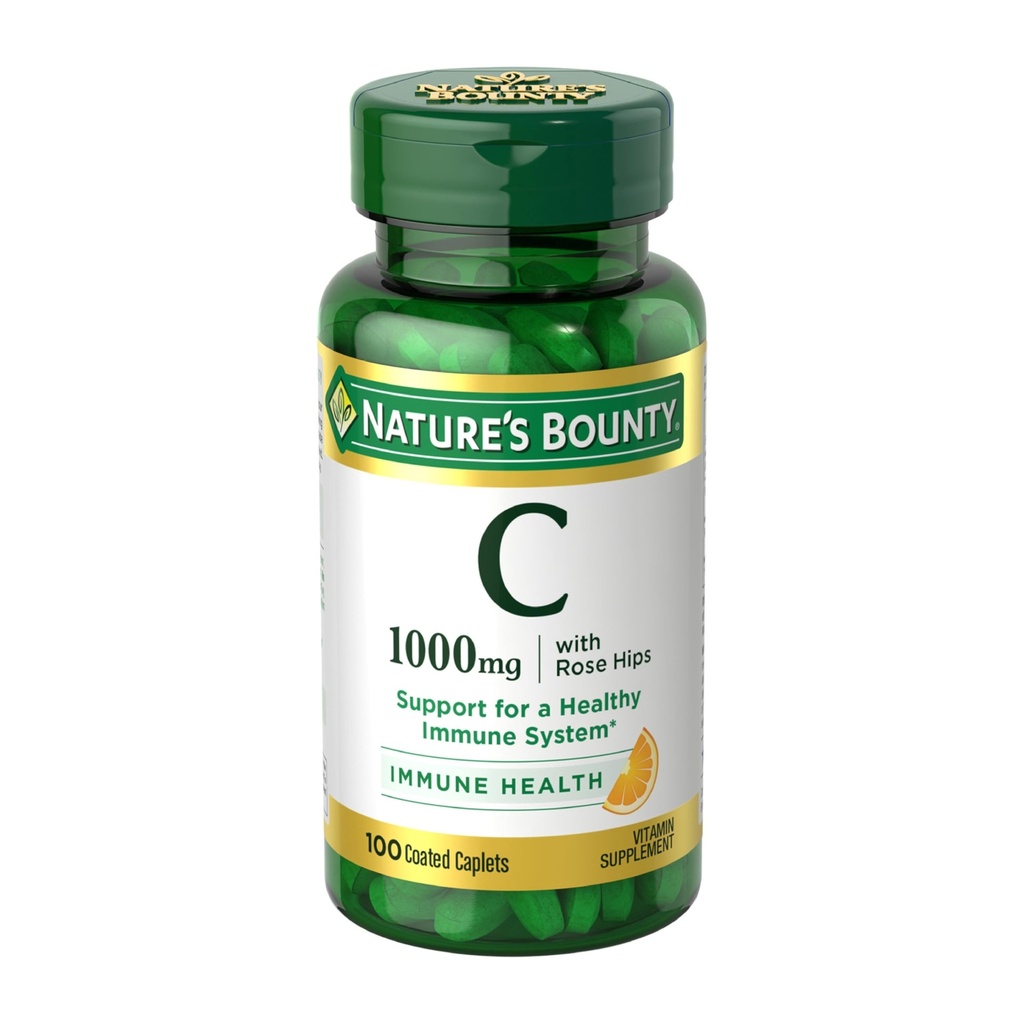 Nature's Bounty Vitamin C + Rose HIPS、免疫サポート、1000mgビタミンC、コーティングされたカプレット、1日あたりのサービング、ベジタリアンカプレット、100 Ct