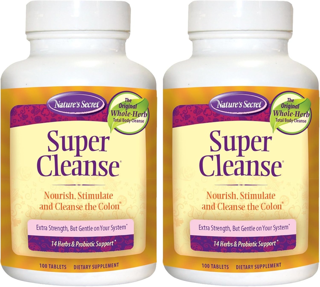 Nature's Secret Super Cleanse Extra Strength Toxin Detox & Gentle Elimination Body Cleanse, Digestive & Colon Health Support - Stimulating Blend of 14 Herbs with Probiotics - 100 Tablets (Pack of 2)