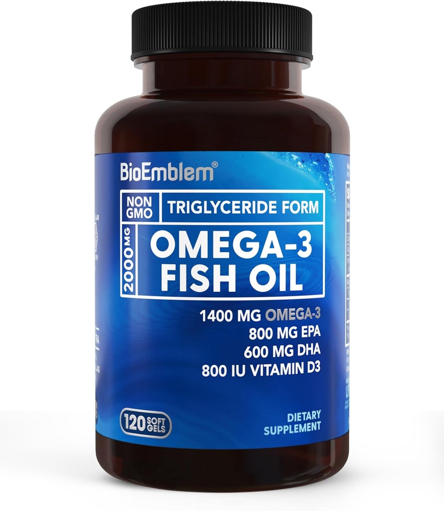 BioEmblem Omega-3の魚油2000mg - 小さいサイズのSoftgels、高い吸収の形態、持続可能な- 1400mg EPA &DHAプラスビタミンD3、非GMO、中心、接合箇所及び脳の健康の魚油の補足、120 Ct