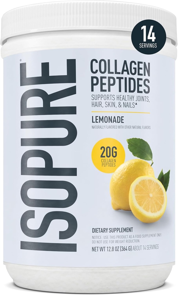 Isopureのコラーゲンのペプチッド粉は、ビタミンCおよびBiotin、Lemonade、サービングごとの20gのコラーゲンのペプチッド、11.36 Oz、14のサービング(包装5月Vary)の毛、釘、皮および接合箇所の健康を、促進します