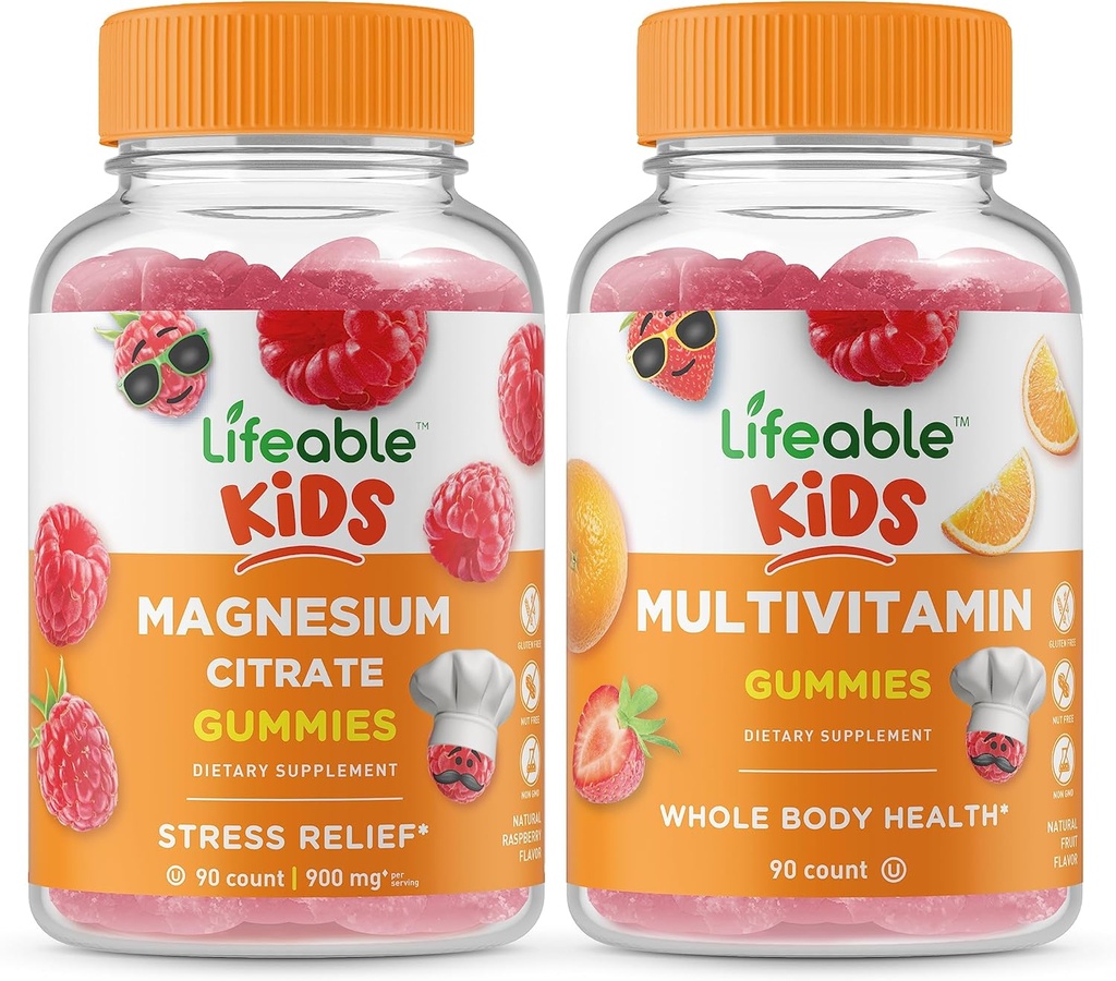 Lifeable Magnesium Kids + Multivitamin Kids, Gummies Bundle - Great Tasting, Vitamin Supplement, Gluten Free, GMO Free, Chewable Gummy
