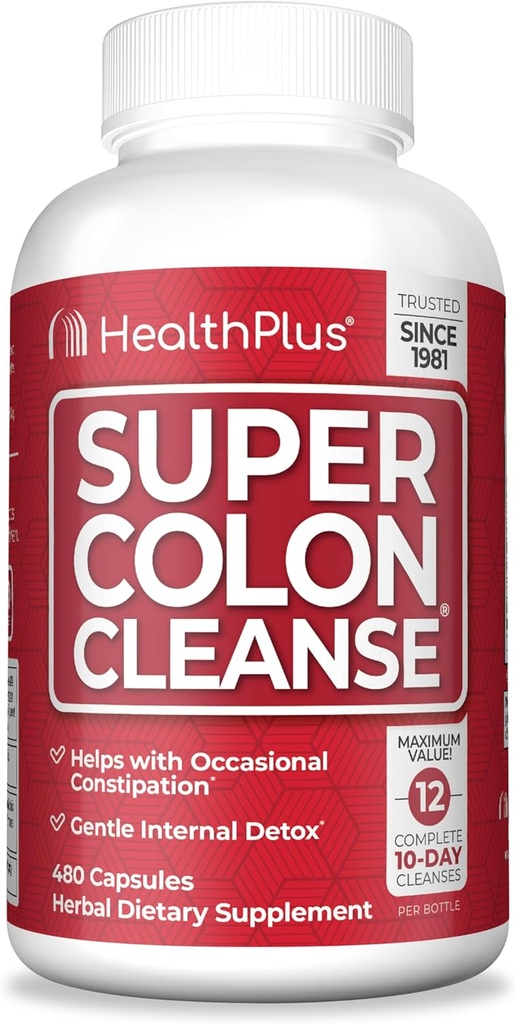 Health Plus Super Colon Cleanse 120 Day Supply of Gentle Gut Cleanse Detox, Psyllium Husk, Probiotics for Constipation Relief & Digestive Support, 480 Capsules