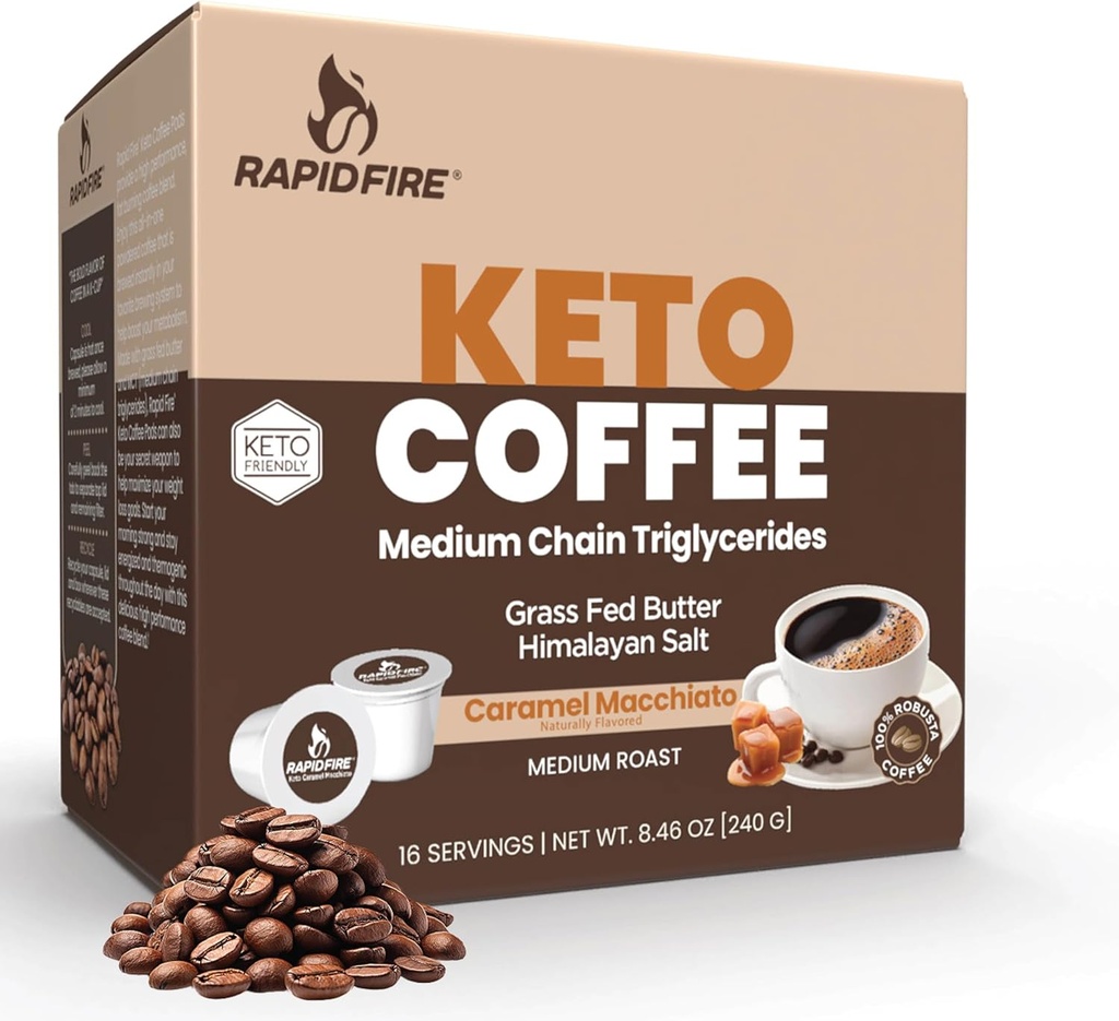 Rapidfire Caramel Macchiato Ketogenic 高性能 Keto コーヒー Pods、サポート エネルギー及び代謝、重量管理、単一のサーブ K のコップ、ブラウン、16 の計算