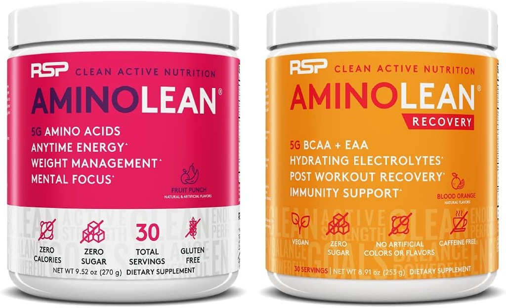 RSP NUTRITION AminoLean Pre Workout Energy (Fruit Punch 30 サービング) with AminoLean Recovery Post Workout Boost (Blood Orange 30 サービング)