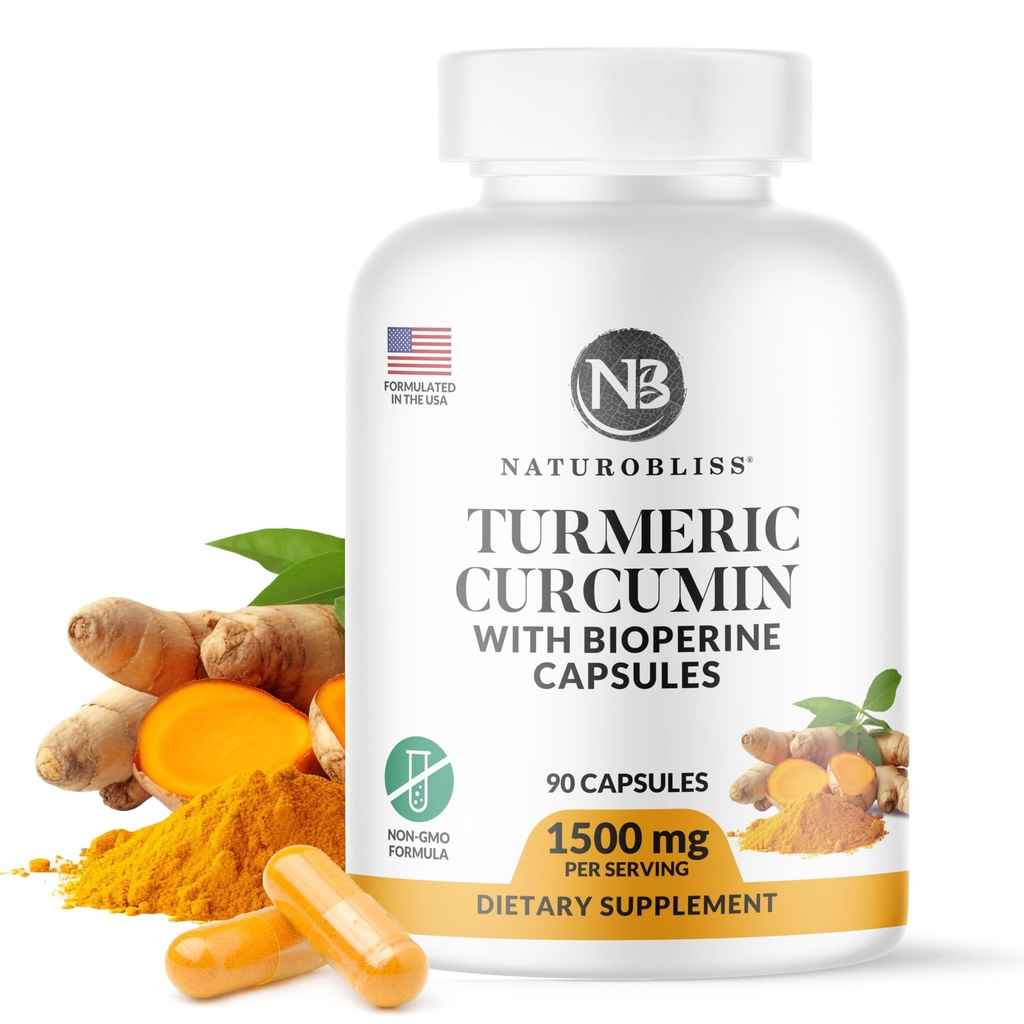NaturoBliss BioPerine 1500mg - Non GMO -グルテンフリーのTurmeric Curcumin - 90カプセル
