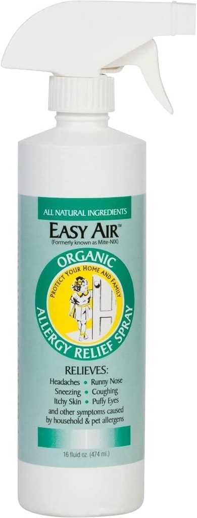 Easy Air Organic Allergy Relief Spray, Clear Liquid Formula for Instant Relief for Symptoms of Pet Allergies, Dust and Mite Allergy - 16 Fl Oz