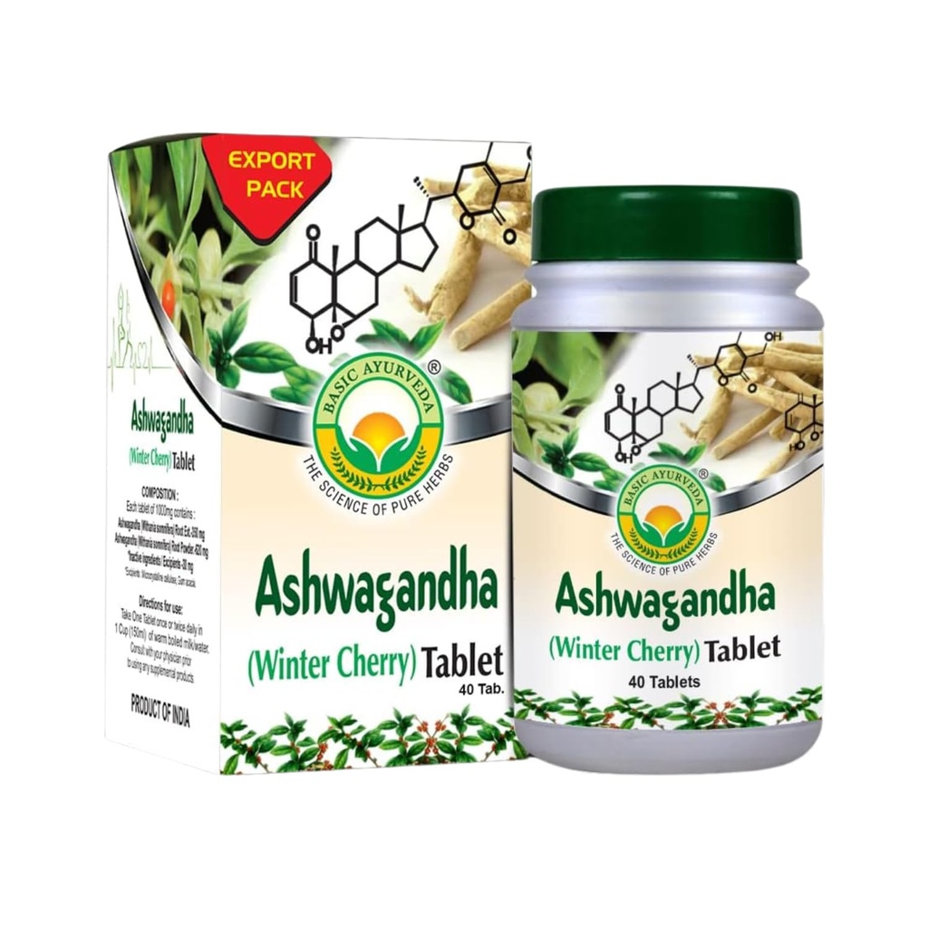 BASIC AYURVEDA Ashwagandhaのタブレット - 1000mg   冬のチェリーの草の補足 毎日のルーチンのための植物ベースの方式 人の及び女性のための自然な根のエキス  40のタブレット