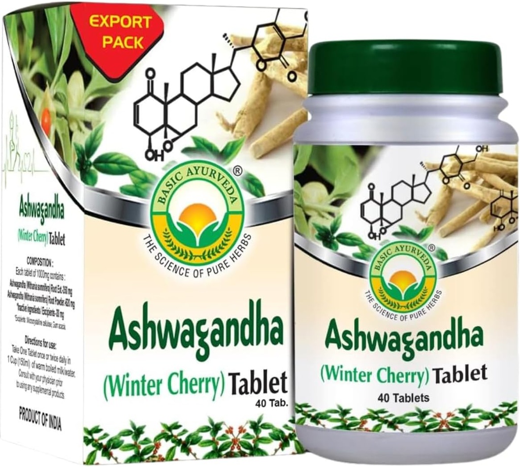 BASIC AYURVEDA Ashwagandhaのタブレット - 1000mg   冬のチェリーの草の補足 毎日のルーチンのための植物ベースの方式 人の及び女性のための自然な根のエキス  40のタブレット