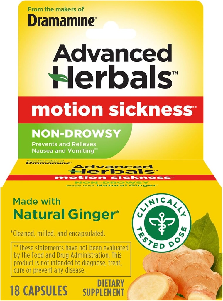 From the Makers of Dramamine, Advanced Herbals, Non-Drowsy, Motion Sickness Relief, Made with Natural Ginger, 18 Count
