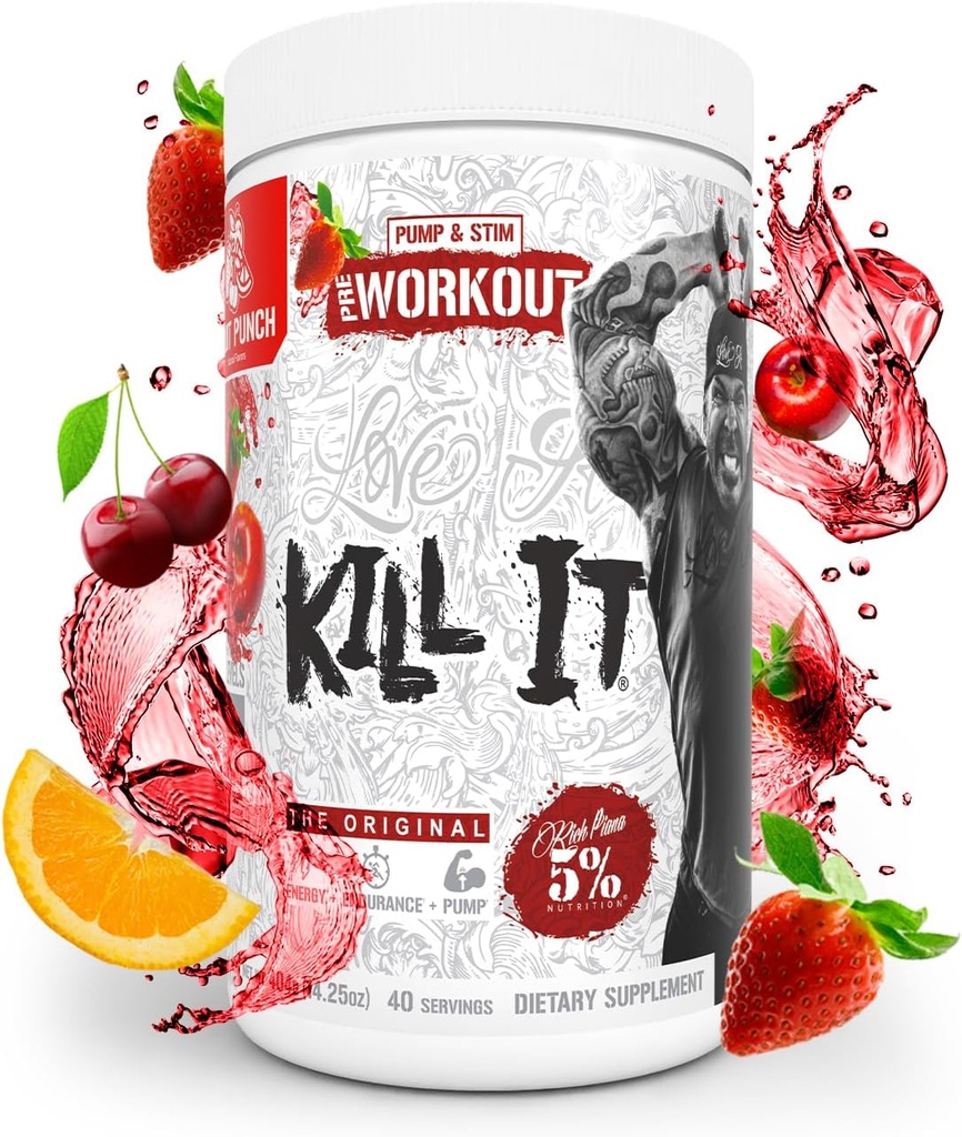 5% Nutrition Rich Piana Kill It Pre Workout Powder w/Creatine, Caffeine, Beta Alanine, Hydroprime Glycerol for Pump, Strength, Endurance | 20/40 Srvgs (40 Servings, Fruit Punch)