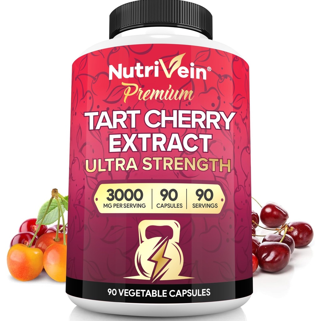 Nutriveinプレミアムタルトチェリーカプセル3000mg:超強度タルトチェリーエキスは、後運動回復、デトックス、残り、および移動性のためのサプリメント
