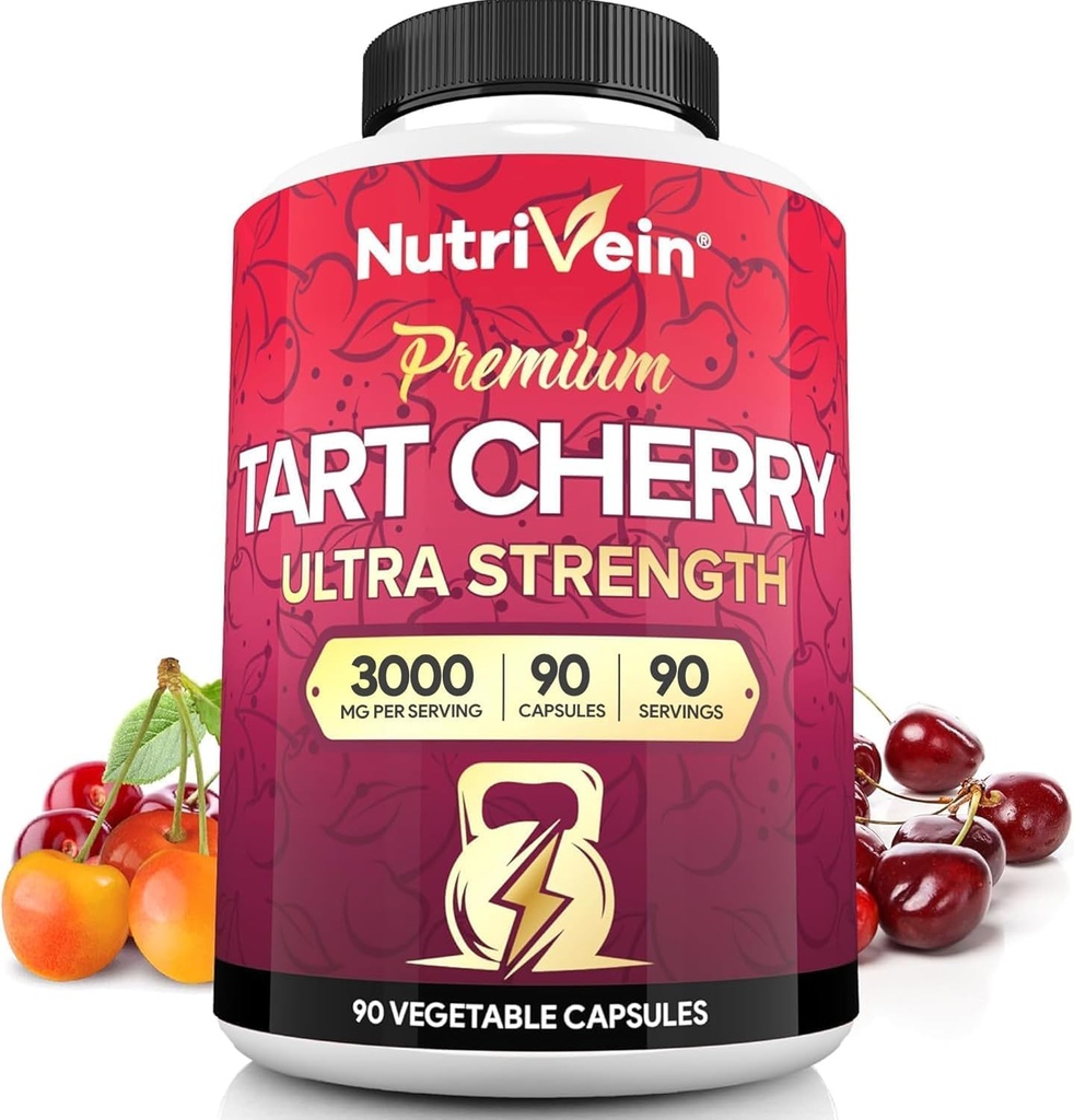 Nutriveinプレミアムタルトチェリーカプセル3000mg:超強度タルトチェリーエキスは、後運動回復、デトックス、残り、および移動性のためのサプリメント