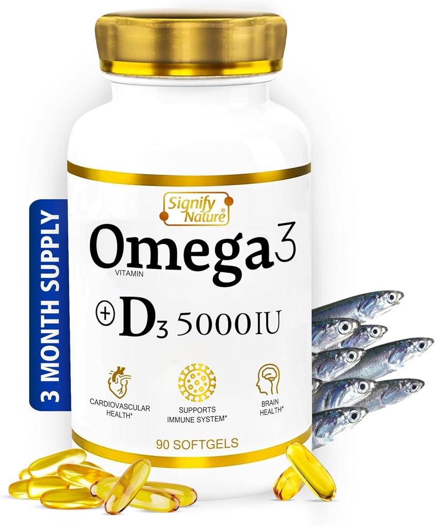 ビタミンD3 5000 IUのSIGNIFY NATURE Omega 3の魚油の補足-頭脳の健康のための1000mg Triglycerideのカプセル- Omega3 EPA DHA + VIT D 3-90CT
