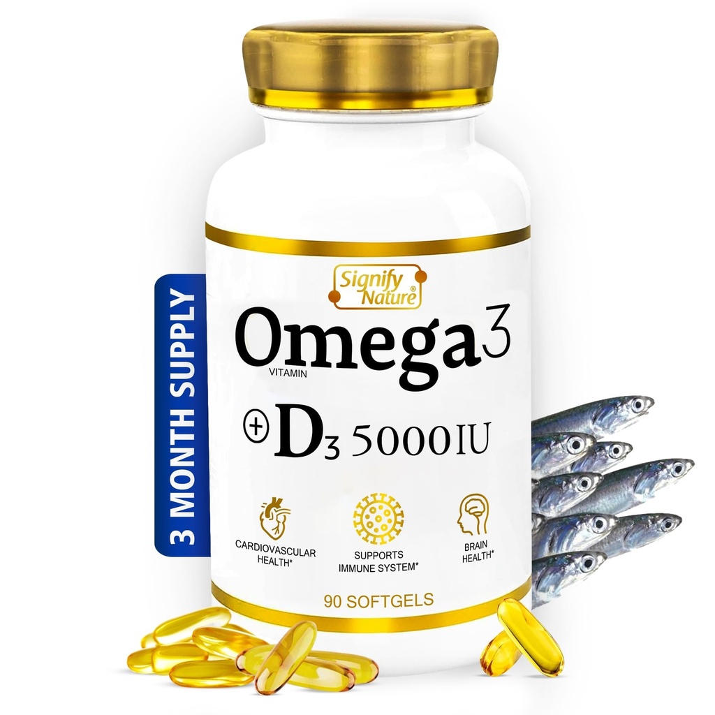 ビタミンD3 5000 IUのSIGNIFY NATURE Omega 3の魚油の補足-頭脳の健康のための1000mg Triglycerideのカプセル- Omega3 EPA DHA + VIT D 3-90CT
