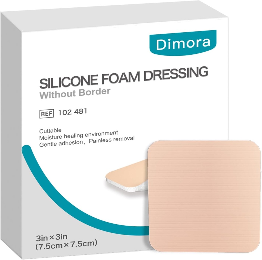 Dimora Silicone Foam Dressing Without Border 10 Pack- 3"x 3" Highly Absorbent Adhesive Waterproof Bandages for Wounds, Cuttable Pads for Wound Care and Dressings