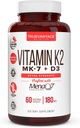 Vitamin K2 D3 Supplement 5000 IU D3 and 180 mcg Vitamin k2 MK7 Supplement for Healthy Bones, Healthy Heart & Cardiovascular Health-60 Easy to Swallow Vegetable caps of MenaQ7 K2 MK7