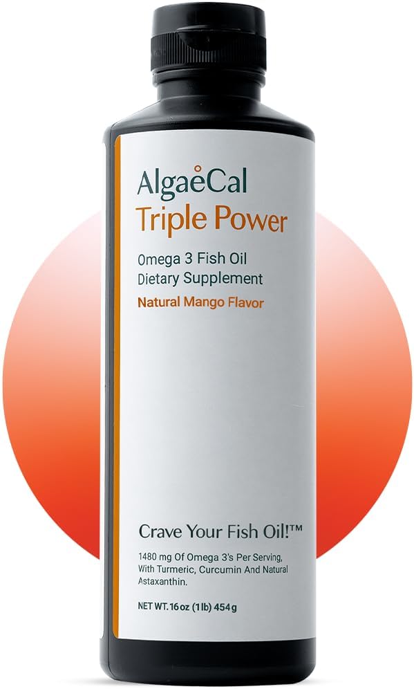 ALGAECALの三重力1200mg EPA及びDHA Omega 3の魚油の補足、支持の頭脳、中心、皮及び骨、液体の乳剤のマンゴーの好み、バープ レンズ、米国でなされる砂糖なし