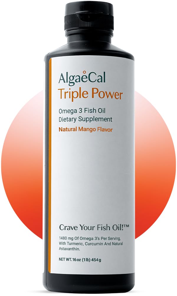 ALGAECALの三重力1200mg EPA及びDHA Omega 3の魚油の補足、支持の頭脳、中心、皮及び骨、液体の乳剤のマンゴーの好み、バープ レンズ、米国でなされる砂糖なし