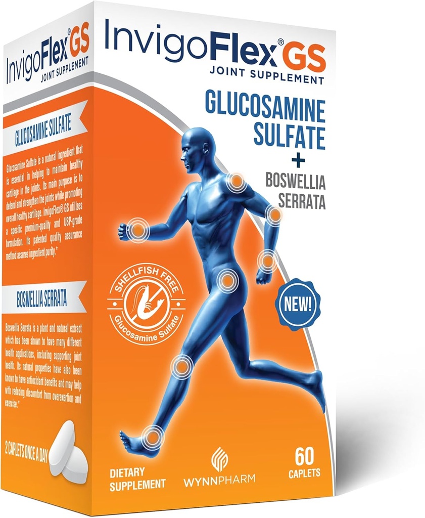 INVIGOFLEX® GS - Glucosamine Sulfate (Shellfish Free, Sodium Free & Vegetarian Safe) Non GMO, Gluten Free - with Boswellia Serrata - Knees, Hands, Back, and Hip Premium Joint Supplement