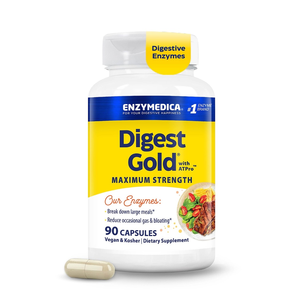 Enzymedica のダイジェストの金 + ATPro の最高の強さ、高速機能、Bloating およびガス、90 のカプセルのための大きい食事をダイジェストするのを助けて下さい
