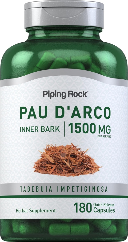 ピッピングロック ポー D'Arco カプセル | 1500 mg | 180 丸薬 | 内部樹皮 | ハーブ エキス サプリメント | 非GMO、グルテンフリー