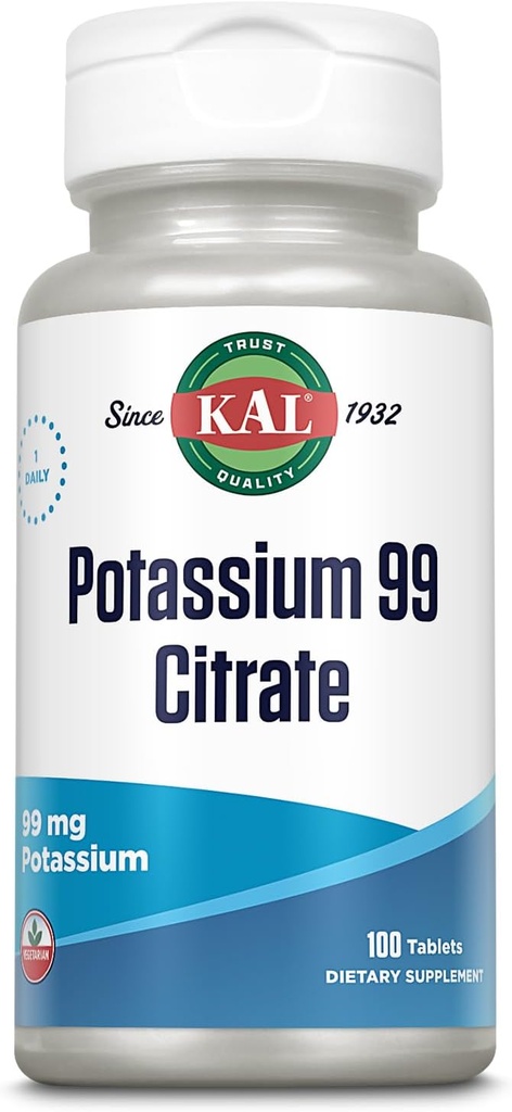 KAL Potassium Citrate 99mg, Fluid and Electrolyte Balance, Potassium Supplement for Muscle, Nerve and Heart Health Support, Vegetarian, Enhanced Absorption, 60-Day Guarantee, 100 Serv, 100 Tablets
