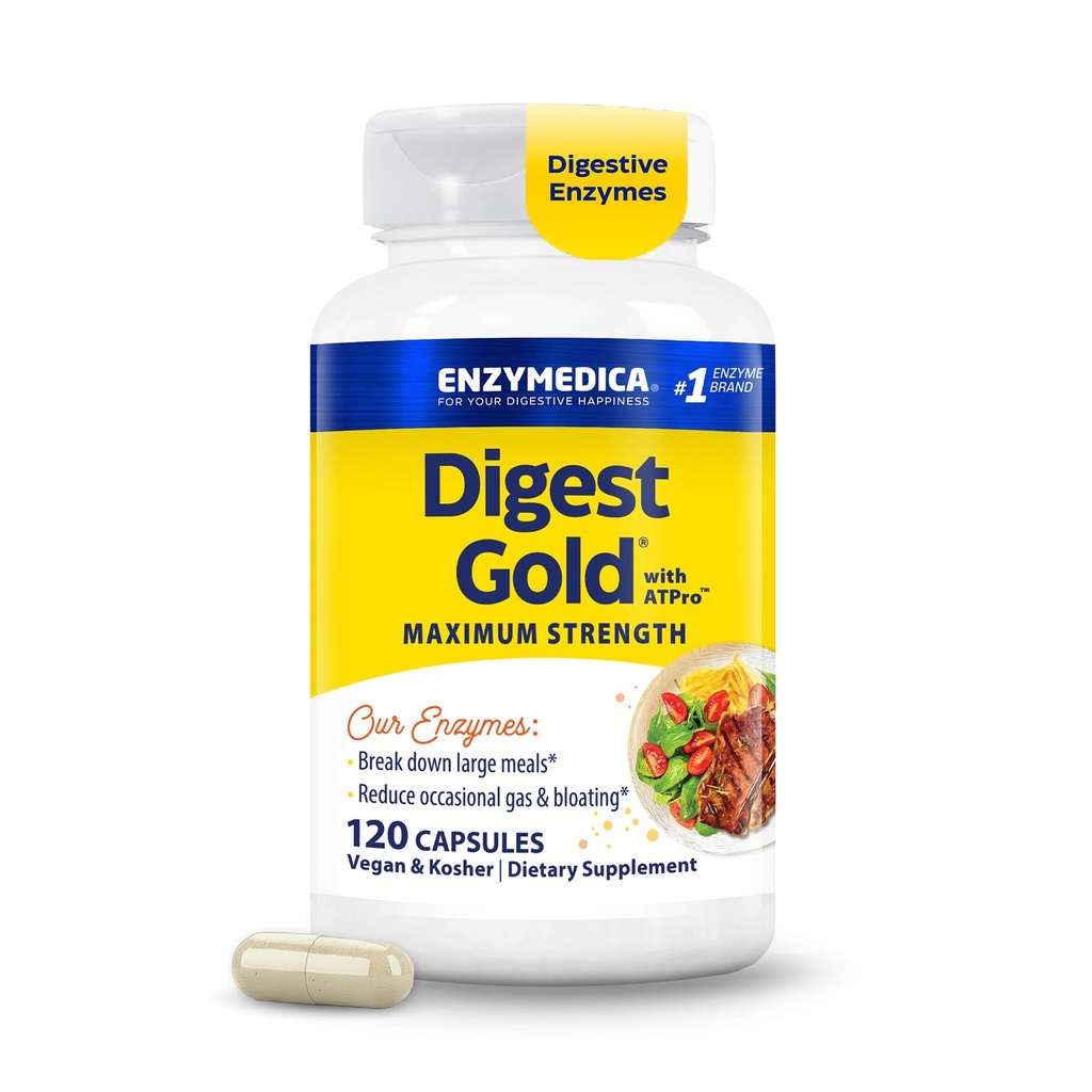 Enzymedicaのダイジェストの金+ ATProの最高の強さの消化器酵素は、ガスおよび膨脹のための大きい食事を、120のカプセルダイジェストを助けます