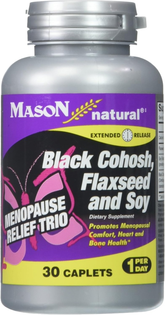 MASON NATURAL 月経閉止トリオ: ブラックコホッシュ、亜麻仁、および大豆(拡張リリース) - 5 月 熱間フラッシュと夜汗を緩和*、健康なホルモンバランス*、30 カプレットをサポート
