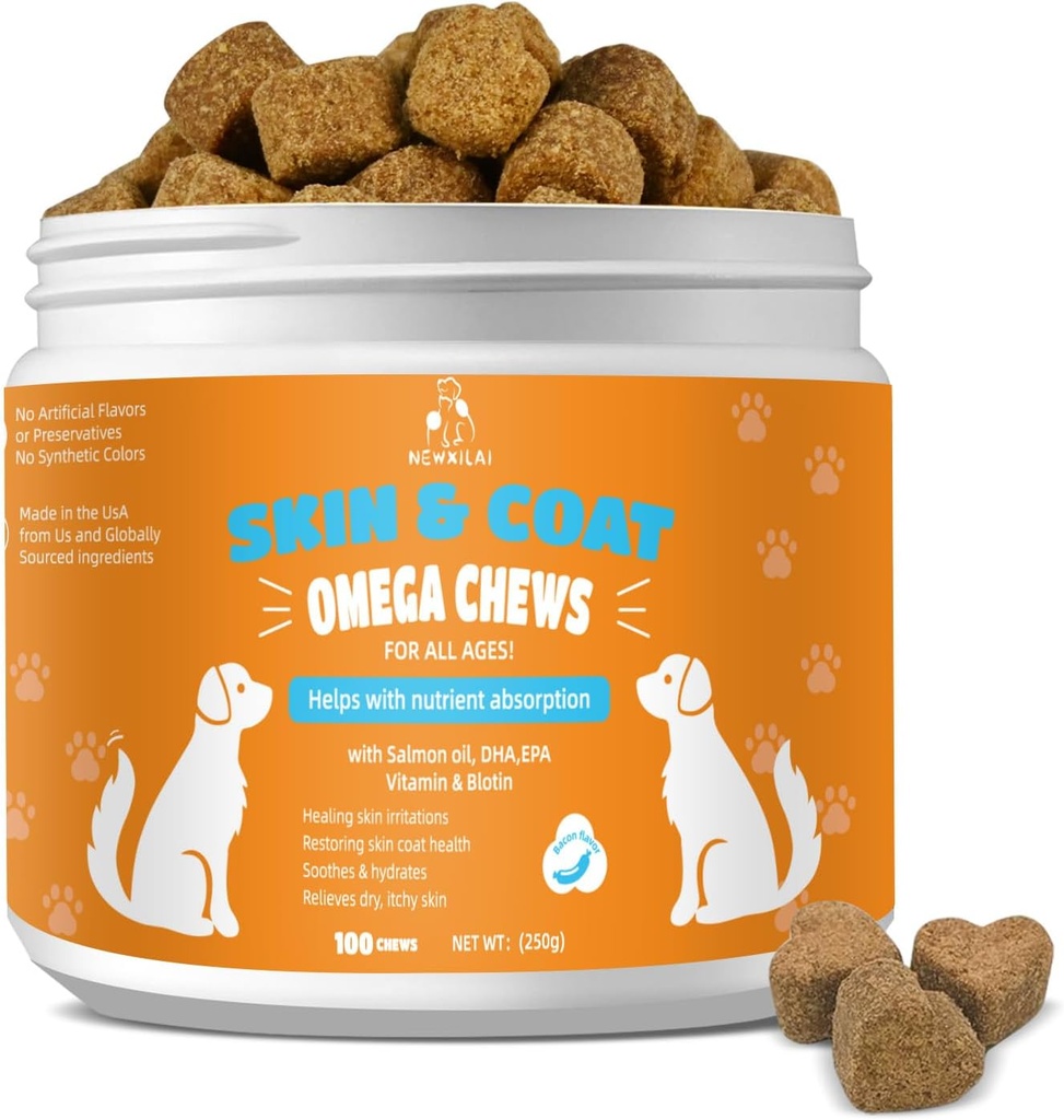 犬のための皮膚とコートの咀嚼 - かゆみの皮膚犬のサプリメントサポートホットスポット快適とオメガ3魚油、EPA&DHA脂肪酸、ベーコン味100カウントソフトとアレルギー関節の健康を取除く