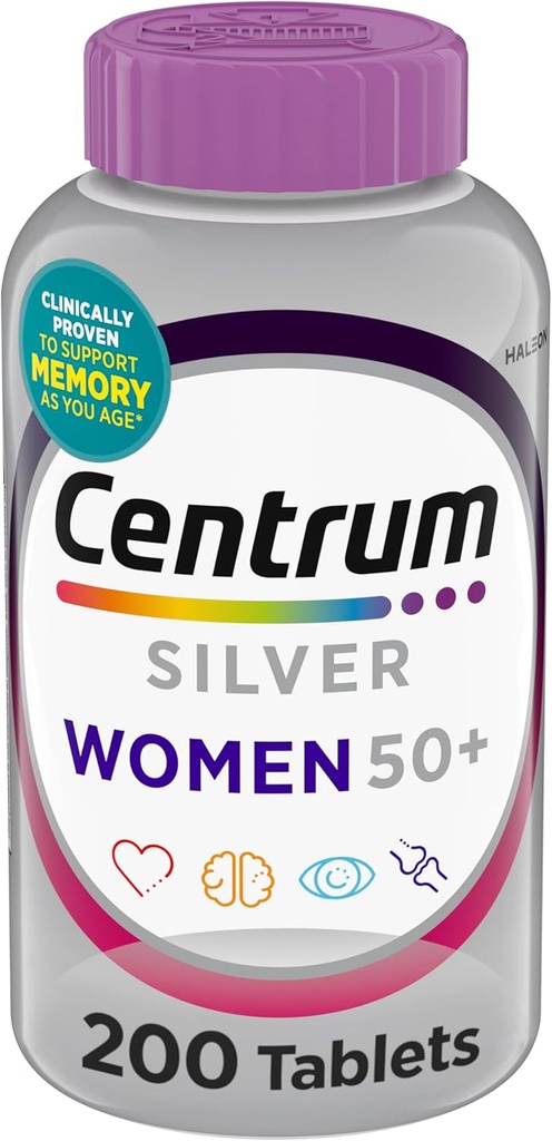 Centrum Silver Women 50 Plus、ビタミンD3、Bビタミン、非GMO成分、高齢者の記憶と認知をサポート - 200 Ct