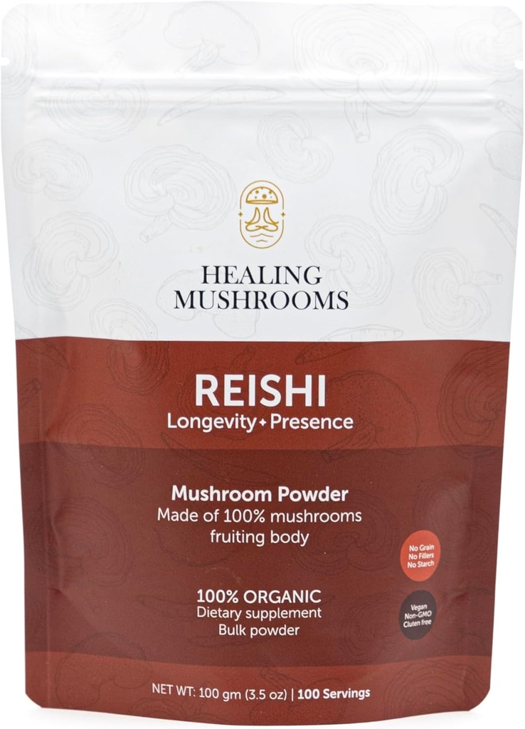 Reishiの純粋な粉、免疫サポート、長寿、気分、睡眠、無注入口、非GMOのための有機のきのこの補足